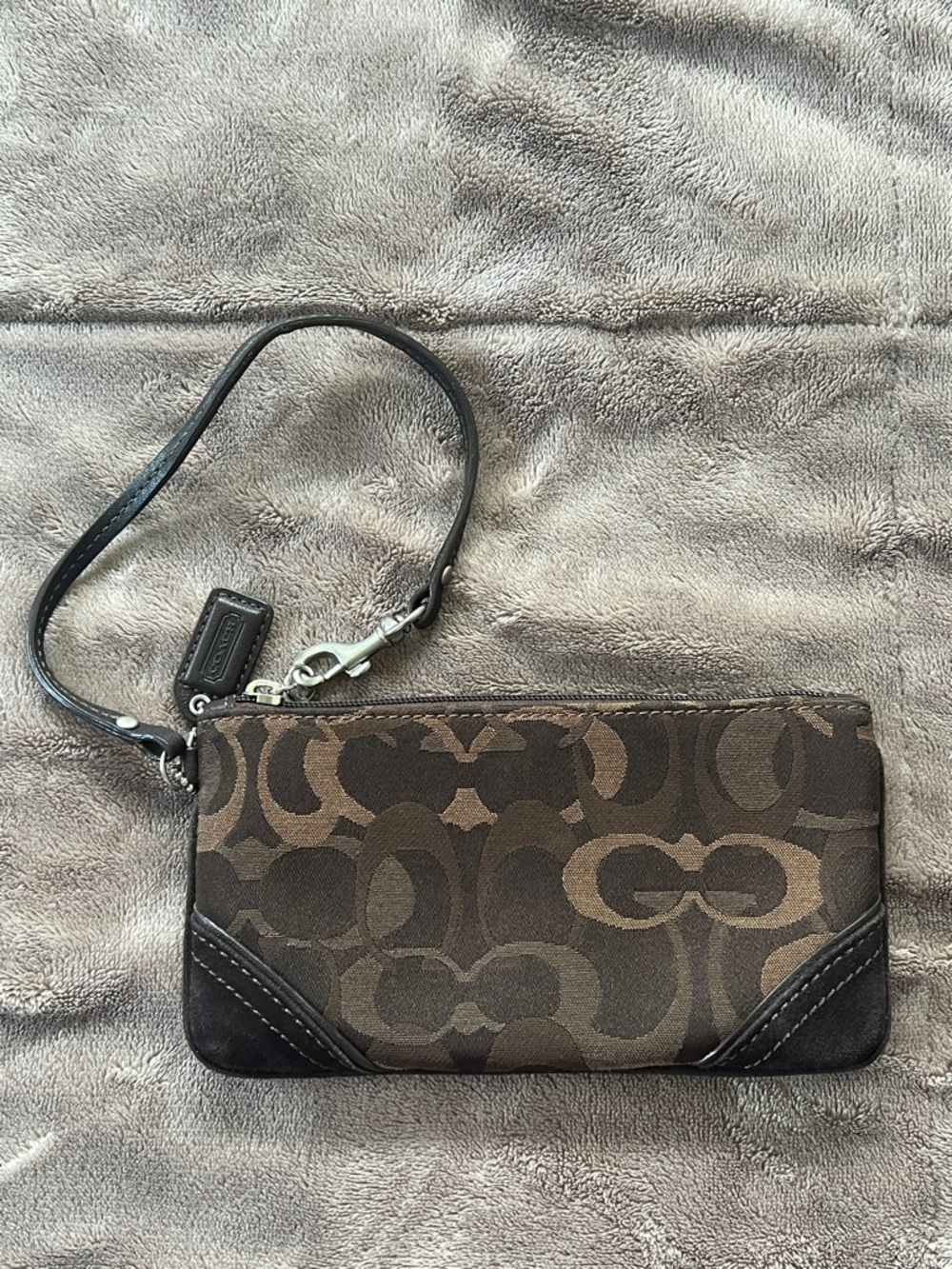 Coach Brown Signature Canvas Wristlet with Leather Trim